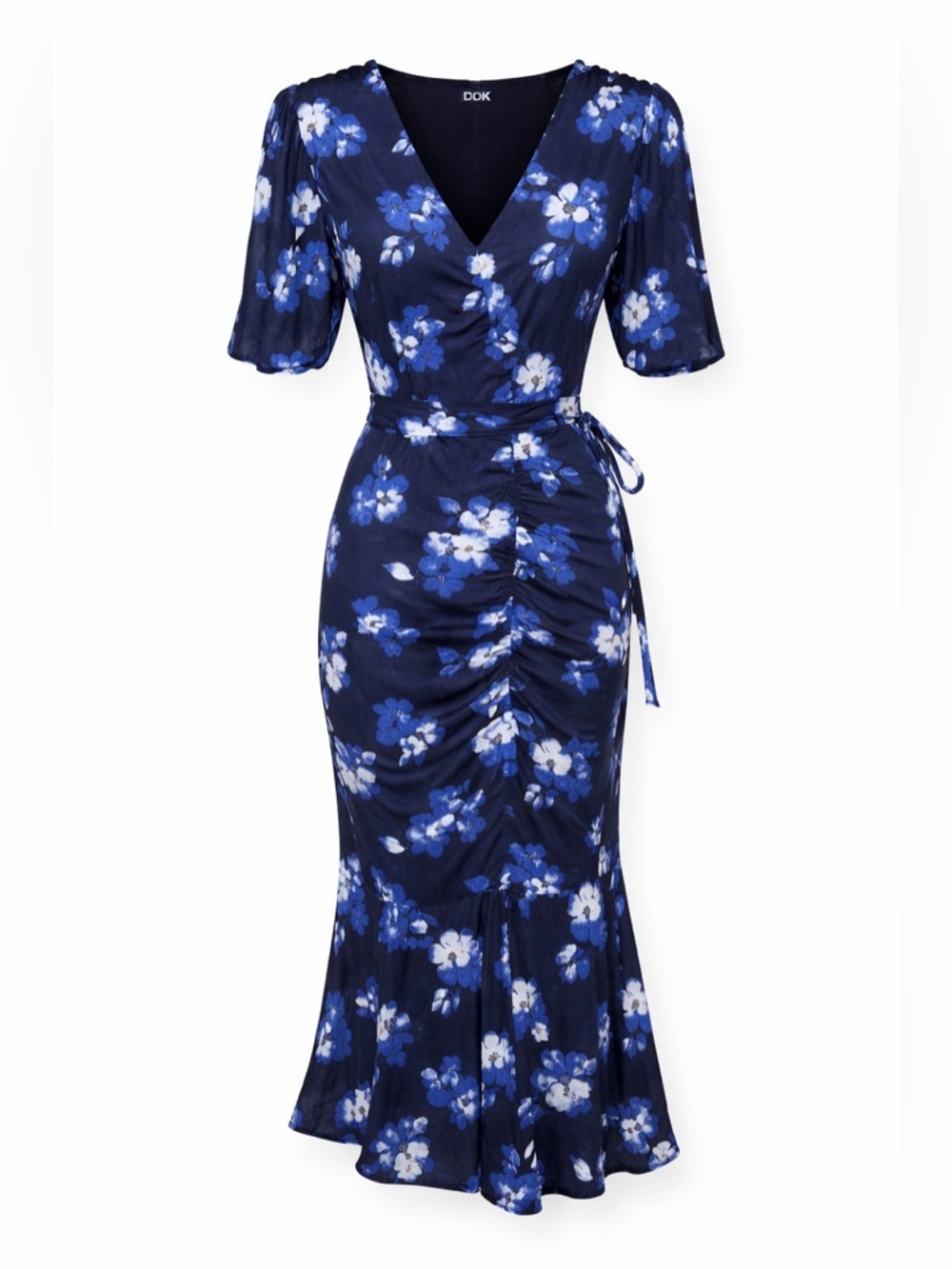 DKNY‎ Blue Floral Ruched Midi Dress Tie Back Romantic Coquette Chic- Size 4